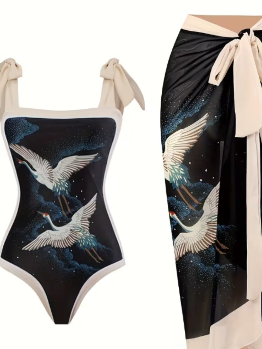 Black Crane Print One Piece Swimsuit & Sarong Set Tie Shoulder Size Large